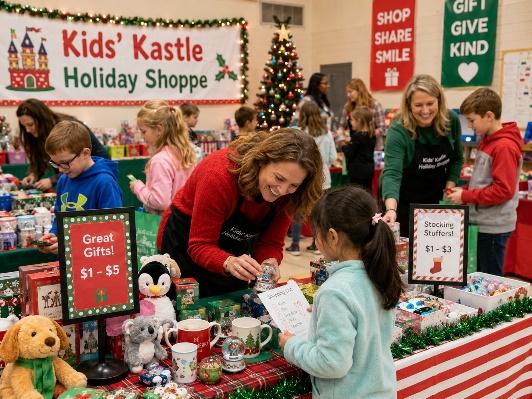 kids holiday shop with parent giving papers to a child